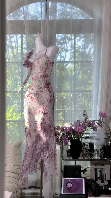Flowy Purple Print Floral Mermaid Spaghetti Strap Chiffon Prom Dress Evening Dress Formal Dress HZ1023